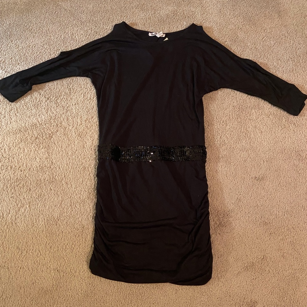 NWT New True Freedom Cold Shoulder Sequin Waist Black Dress Junior Size Medium